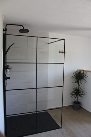 Douche, séchoir à cheveux, serviettes fournies, savon