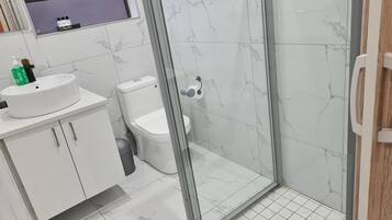 A bathroom with a toilet, sink, and shower area.