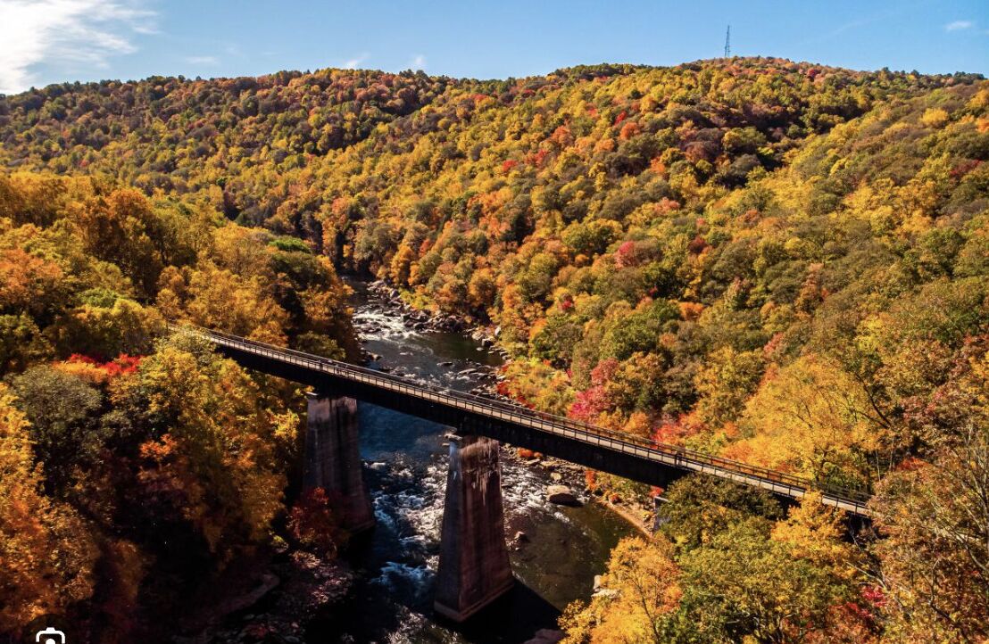 A bridge over a river surrounded by autumn foliage.
