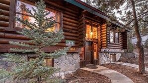 Une cabane en rondins avec des fondations en pierre, une cheminée en pierre et un petit porche.