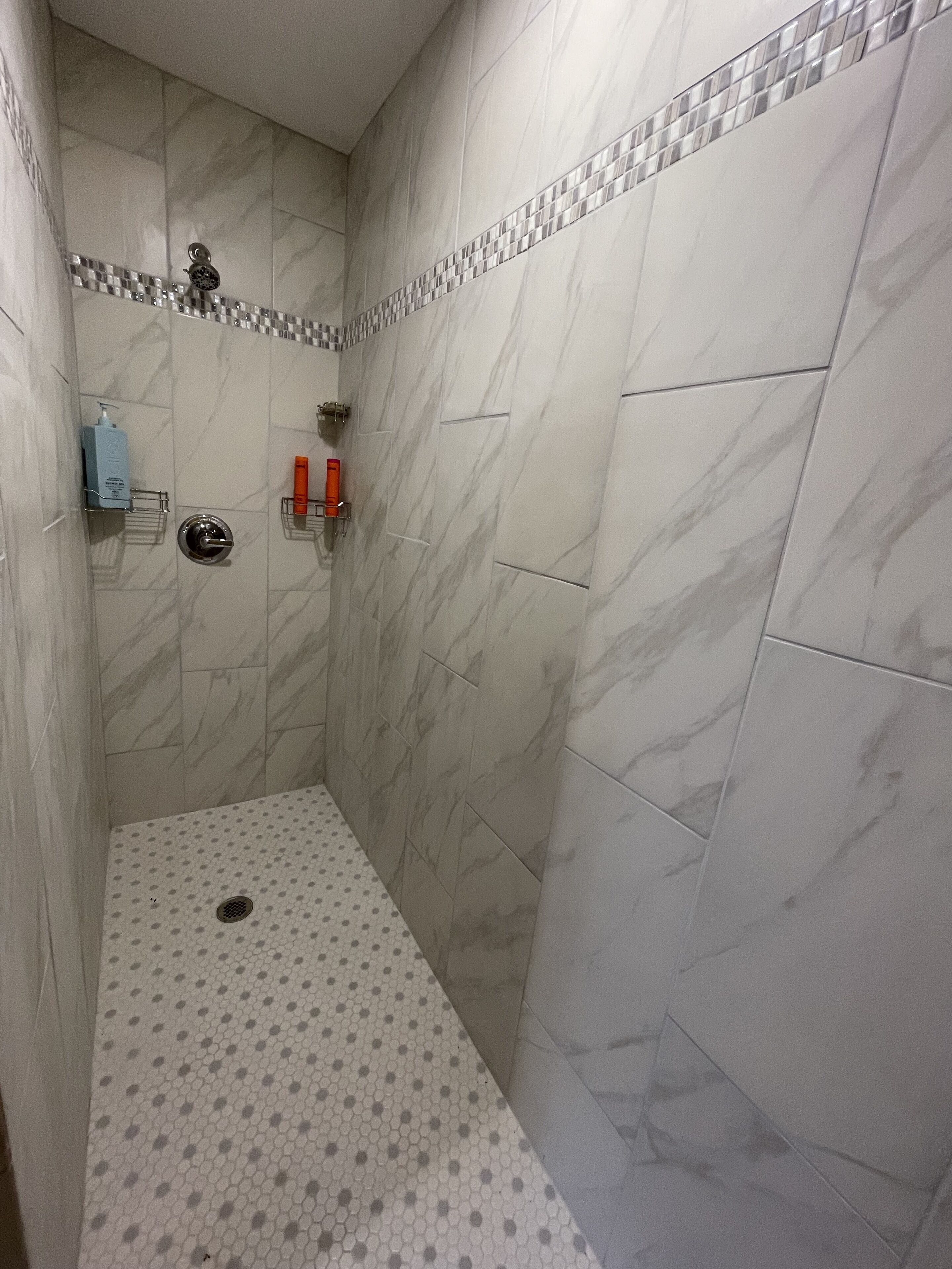 Shower, towels, soap, shampoo
