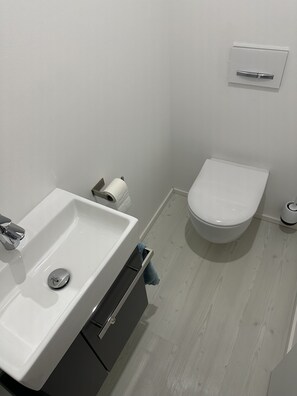 Douche, séchoir à cheveux, serviettes fournies, savon