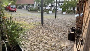 Ein Kopfsteinpflasterhof mit einer Holzkonstruktion, Blumentöpfen und einem roten Auto im Hintergrund.