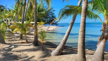 On the beach, sun-loungers, beach towels
