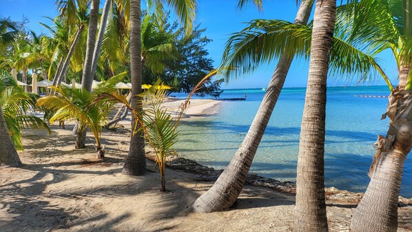 En la playa, camastros y toallas de playa 