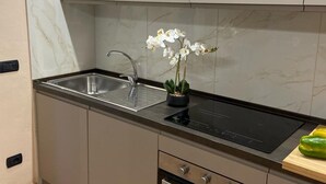 A modern kitchen with a built-in oven, a sink, and a black induction cooktop. - Appartamento a Lucca (Lucca)