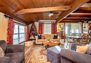 TV, fireplace, books