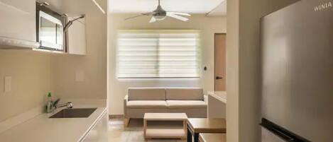 Fridge, microwave, coffee/tea maker, toaster