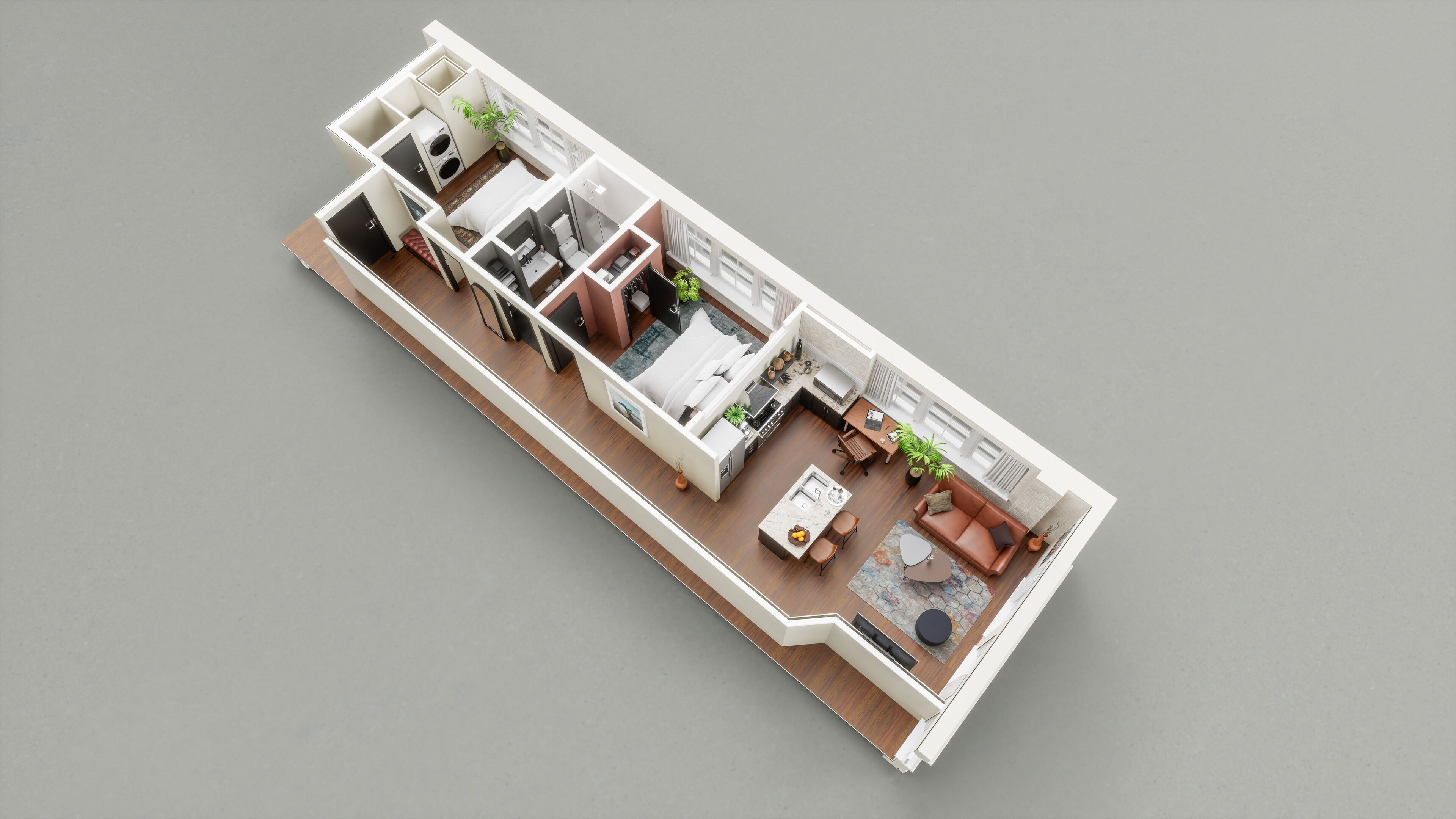 Un model 3D d'un apartament modern amb cuina, menjador, saló i un petit balcó.