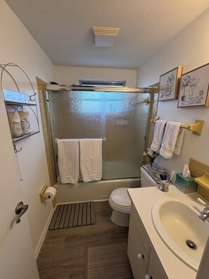 Séchoir à cheveux, serviettes fournies, savon, shampooing