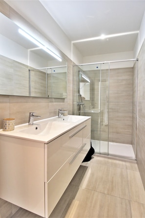 Shower, hair dryer, towels