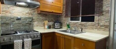 Fridge, microwave, stovetop, blender