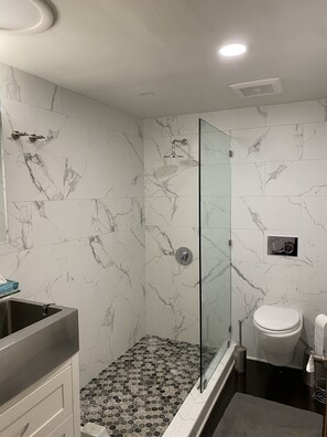 Shower, bidet, towels, soap