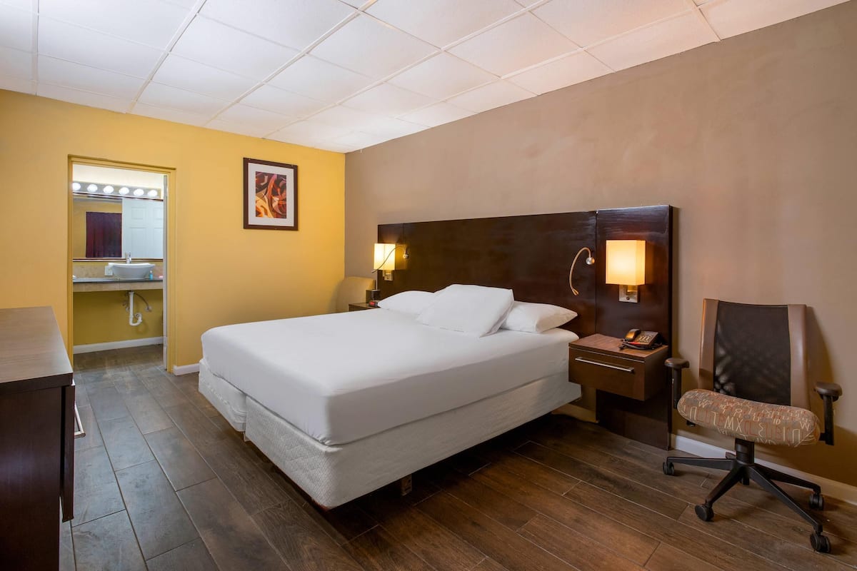 Quarto de hotel com uma cama grande, uma escrivaninha, uma cadeira, mesa de cabeceira com abajur, espelho e um quadro pendurado na parede.