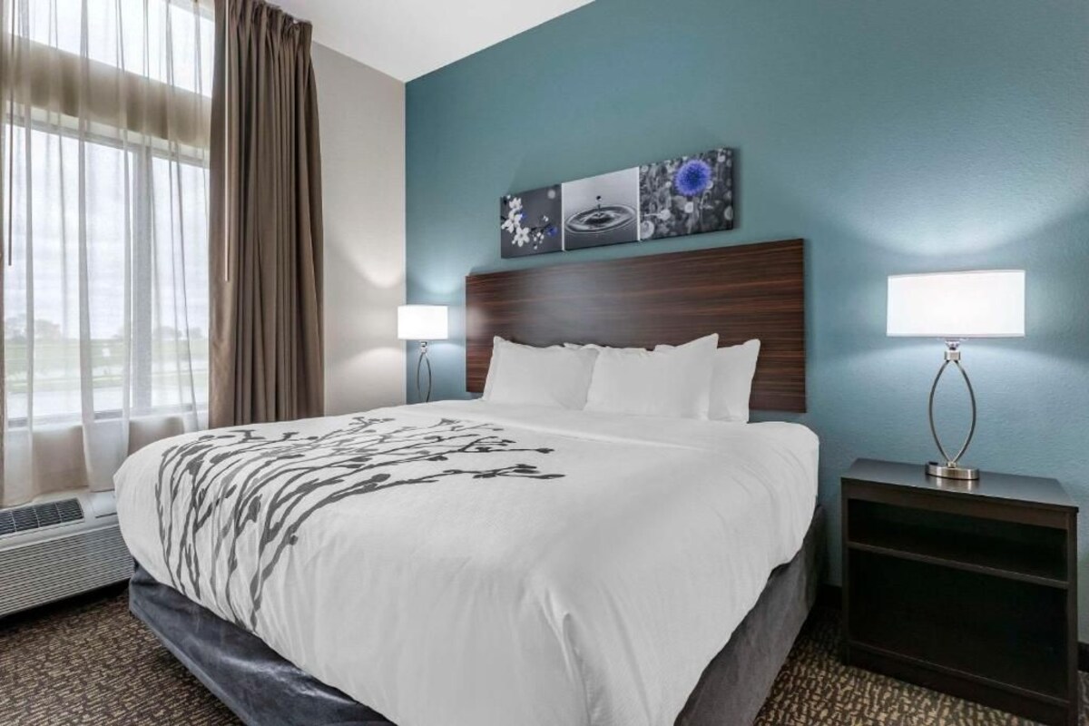A hotel room with a large bed, two bedside lamps, a wall-mounted artwork, and a window with curtains.