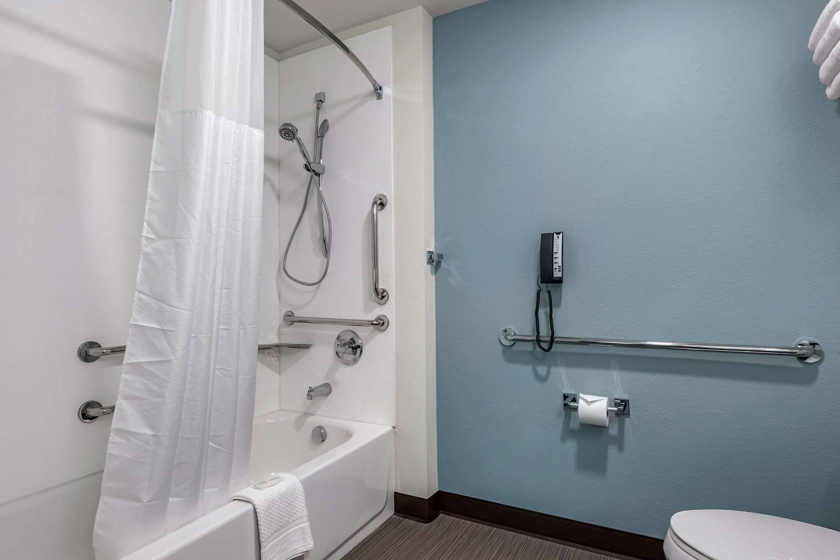 A bathroom with a bathtub, shower, grab bars, and a toilet.