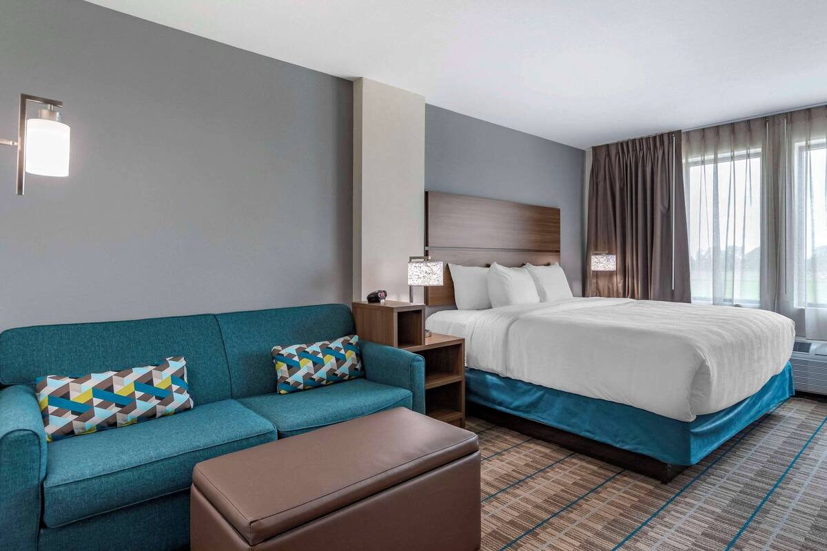 A hotel room with a bed, a sofa, a nightstand, and a lamp.