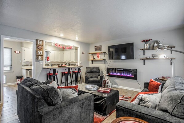 Smart TV, fireplace, books