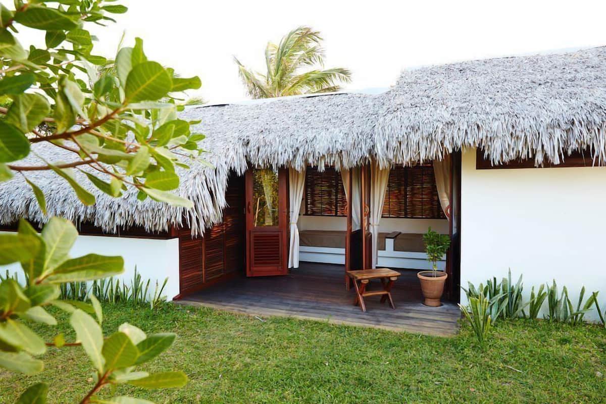 Una cabaña con techo de paja y terraza de madera, un pequeño espacio para sentarse y una planta en maceta.