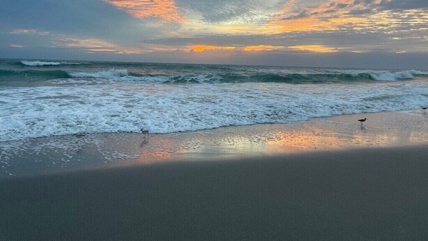 Une plage avec des vagues et un coucher de soleil.