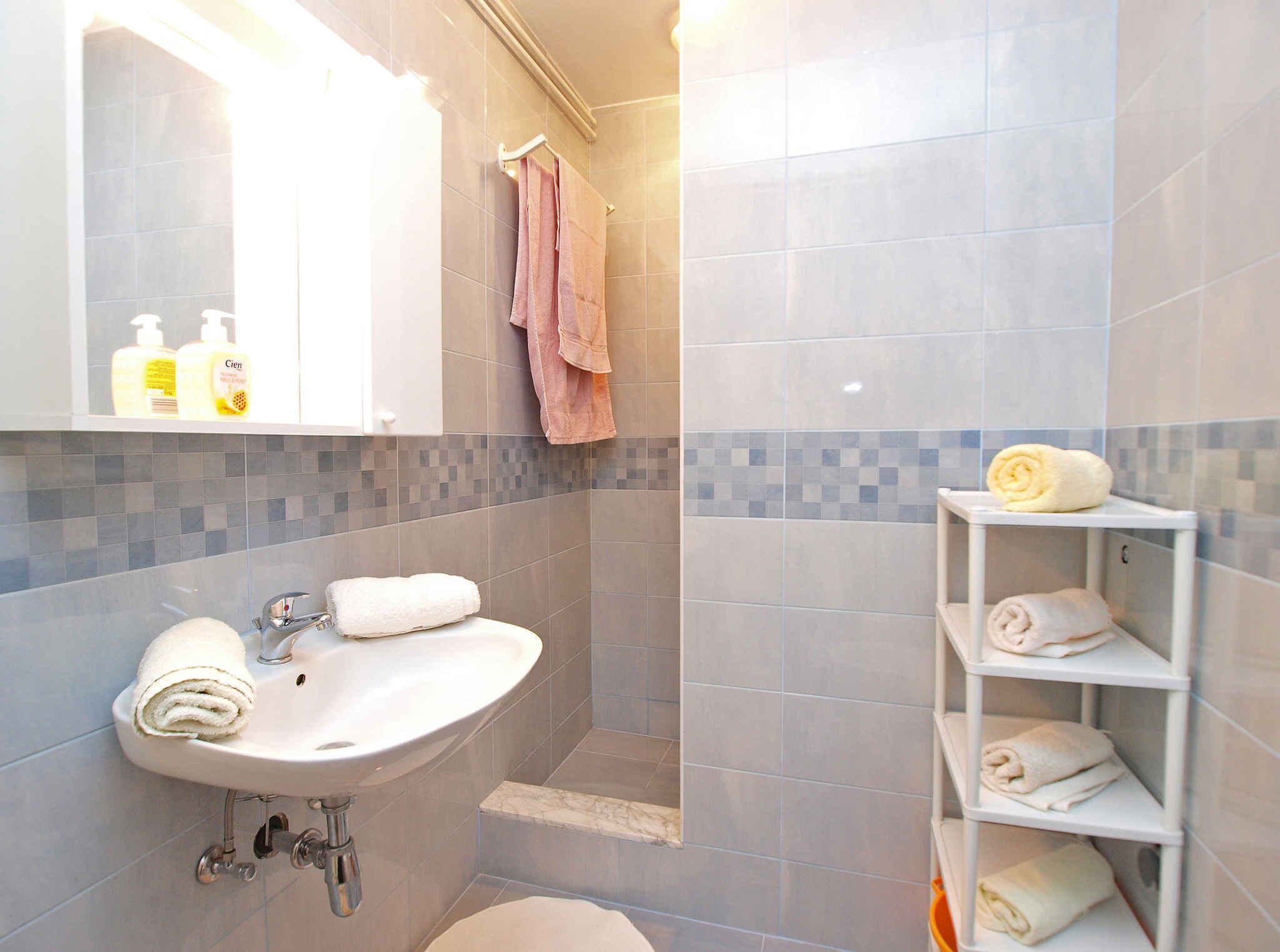 Une salle de bain équipée d’un lavabo, d’un miroir et d’étagères pour les serviettes.