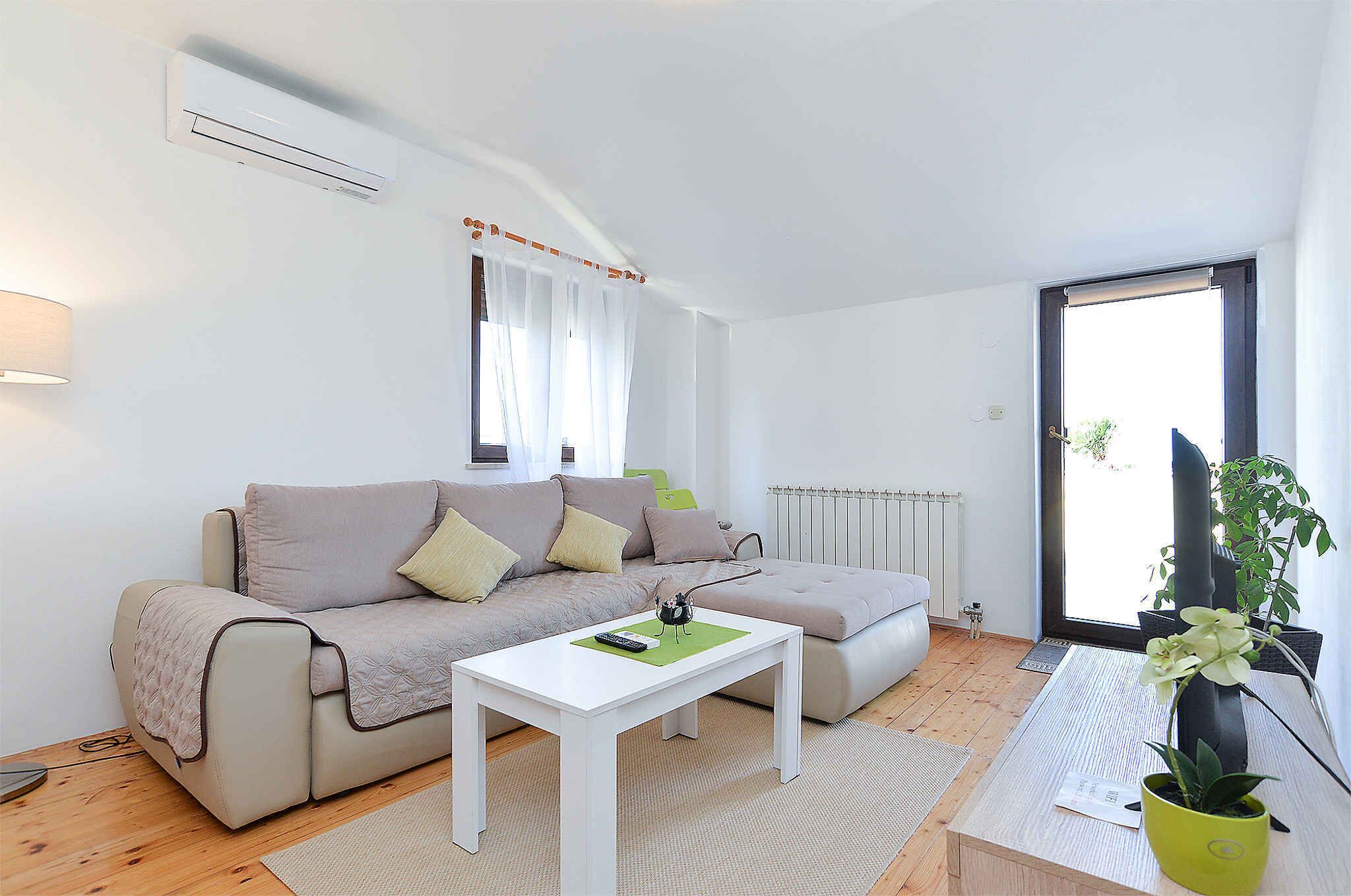 Ein modernes Wohnzimmer mit einer Couch, einem Couchtisch und einer Topfpflanze.