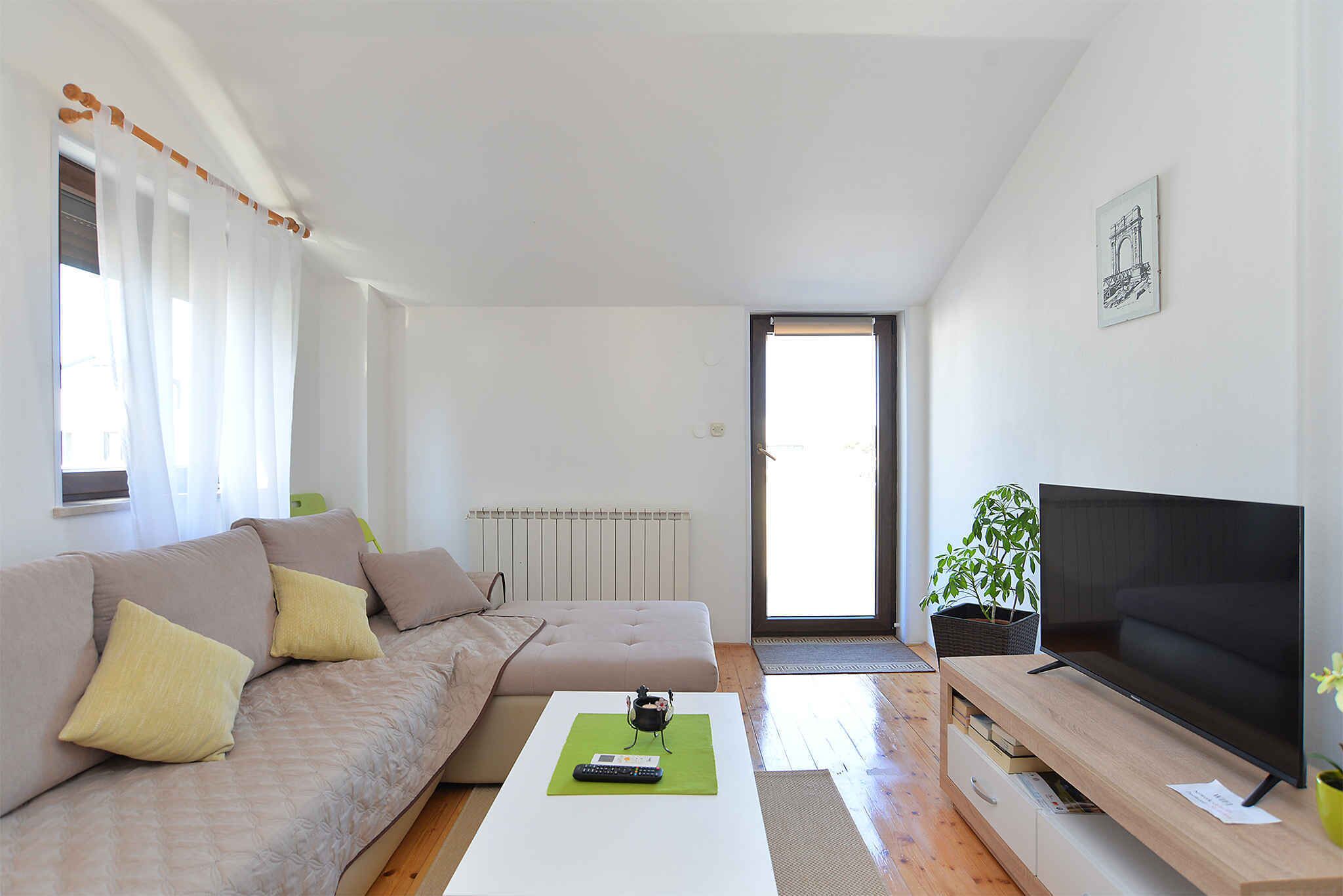 Ein modernes Wohnzimmer mit einer Couch, einem Couchtisch, einem Fernseher und einer Pflanze.
