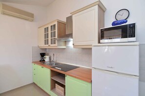 Fridge, microwave, stovetop, cookware/dishes/utensils