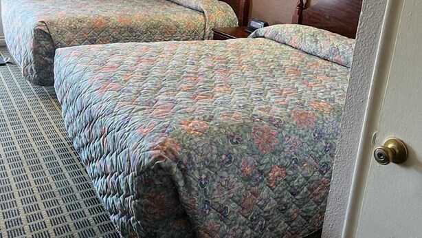 A hotel room with two beds, a patterned carpet, a wall-mounted lamp, and a framed picture. - Aaron Motel (Portland)