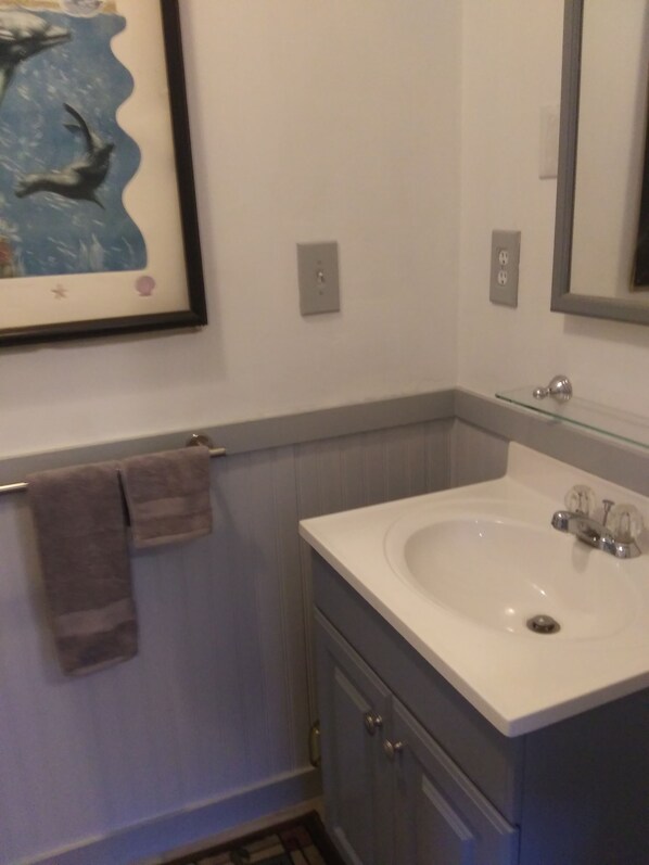 Un baño con un lavamanos blanco, un espejo y un cuadro enmarcados de delfines en la pared.