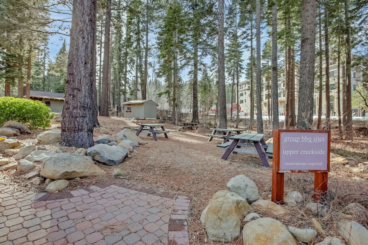 Een camping met picknicktafels en een bordje dat aangeeft waar groepsbarbecues mogelijk zijn, bij de bovenstroomse beek.