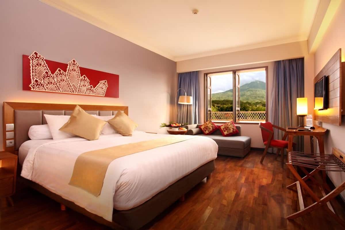 A hotel room with a large bed, a desk with a chair, a TV, and a window with a view of mountains.