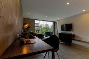 Luxury Apartment, 3 Bedrooms, Balcony, City View | Living area | 45-inch flat-screen TV with cable channels