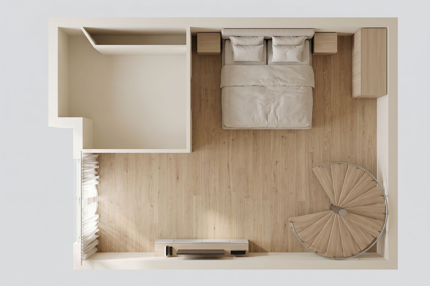 A minimalist bedroom with a bed, bedside cabinets, a built-in wardrobe, a small desk, and a circular window.