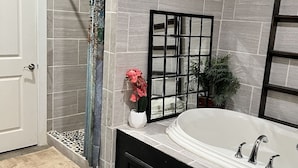 Une salle de bain avec une baignoire, une douche et une porte.