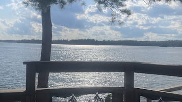 Relax on the lakeside deck with a chair and table, surrounded by a tree and serene views.