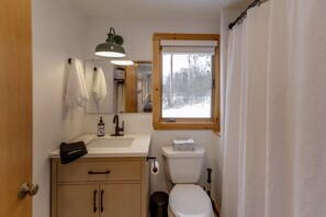 Hair dryer, towels, soap, toilet paper