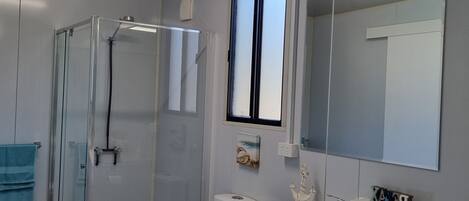 Shower, hair dryer, towels, soap