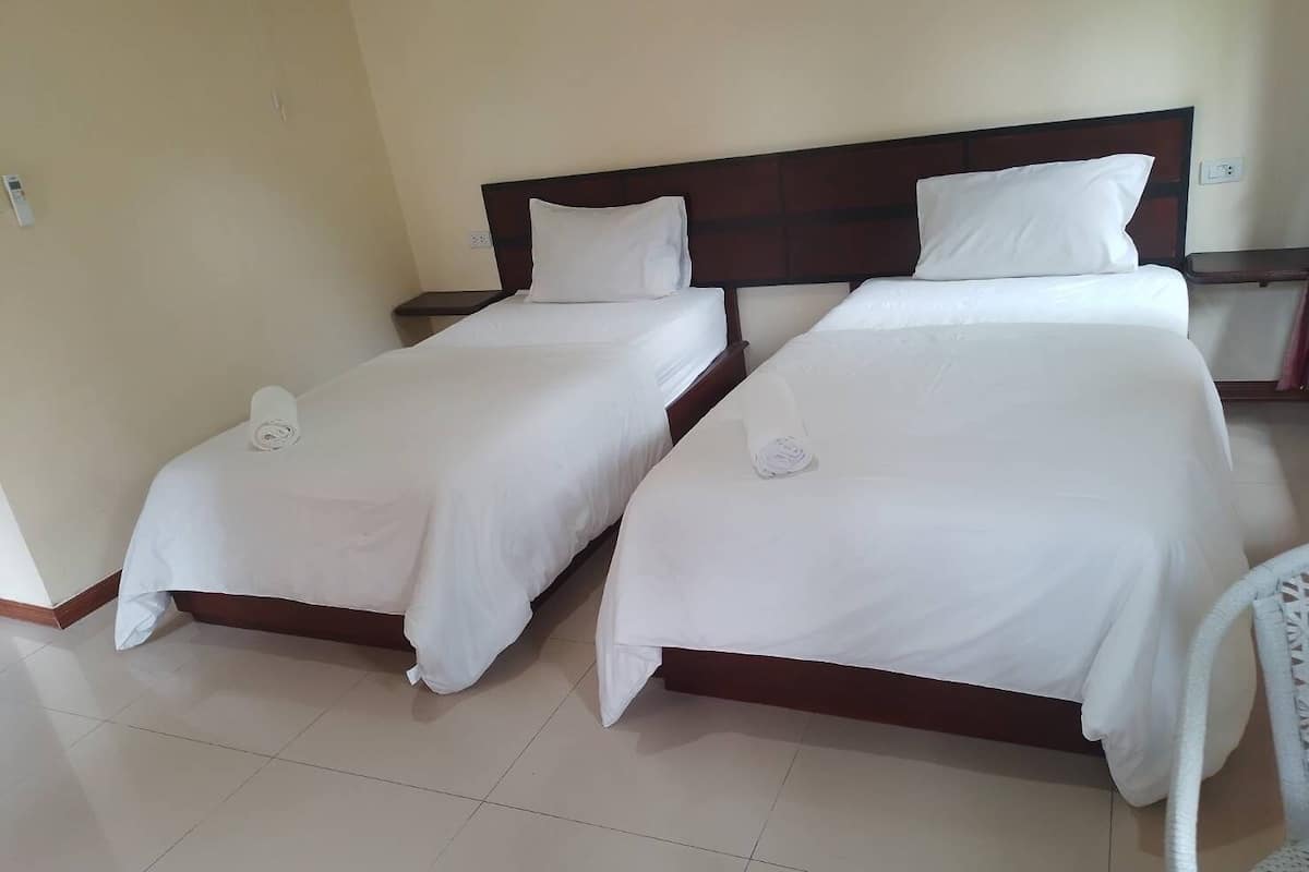 Una habitación de hotel con dos camas individuales, cada una con sábanas y almohadas blancas, cabeceros de madera y una silla blanca.
