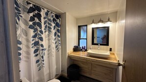 Een badkamer met een wit toilet, een houten wastafelmeubel met een ruime wasbak, een spiegel boven het meubel en een douchegordijn met een bladmotief.