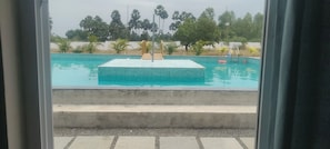 Vista de una piscina con solárium empedrado, rodeada de palmeras y follaje.