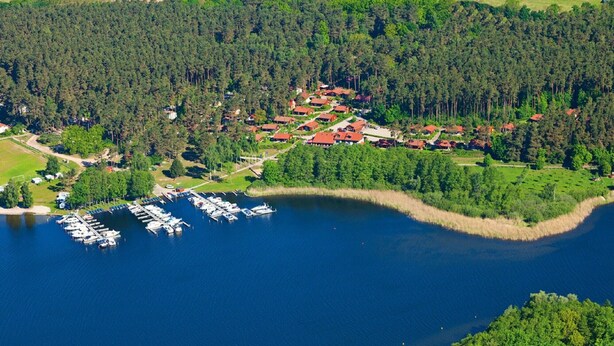 Vista aerea di una proprietà sul lago con un porto turistico, immersa in una fitta foresta.