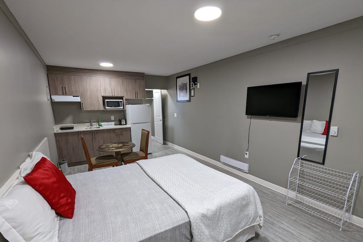 Quarto de hotel compacto com cama, uma kitchenette pequena, televisão e espelho.
