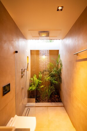Douche, douche à « effet pluie », articles de toilette gratuits