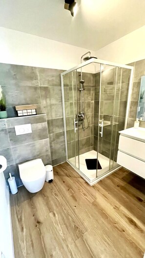 Shower, hair dryer, towels