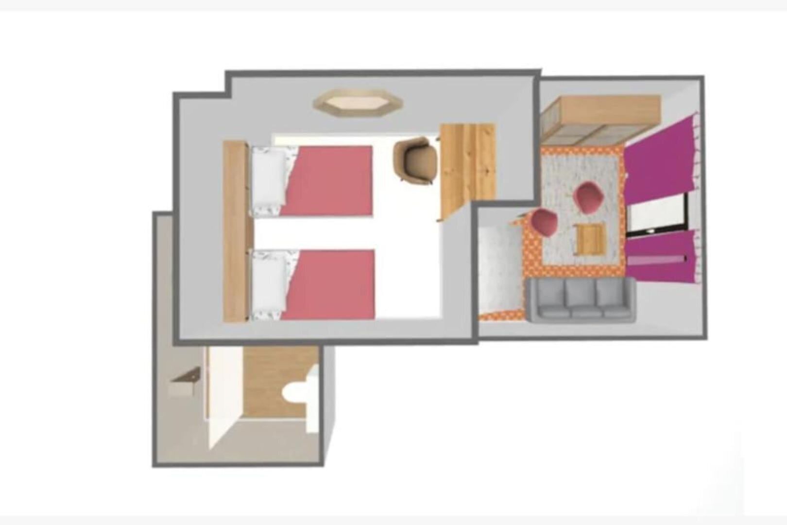 A 2-bedroom apartment layout with a living area, kitchen, and bathroom.