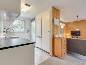 Fridge, microwave, cookware/dishes/utensils
