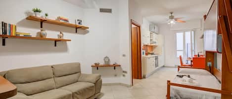 Un salon moderne avec un canapé, un lit, des étagères en bois et un ventilateur de plafond.