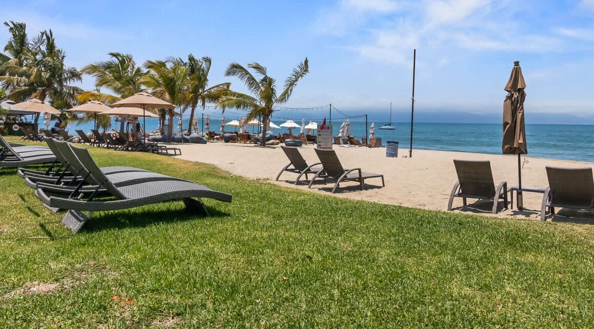 Un hôtel situé en bord de mer, doté de chaises longues, de parasols et de palmiers.