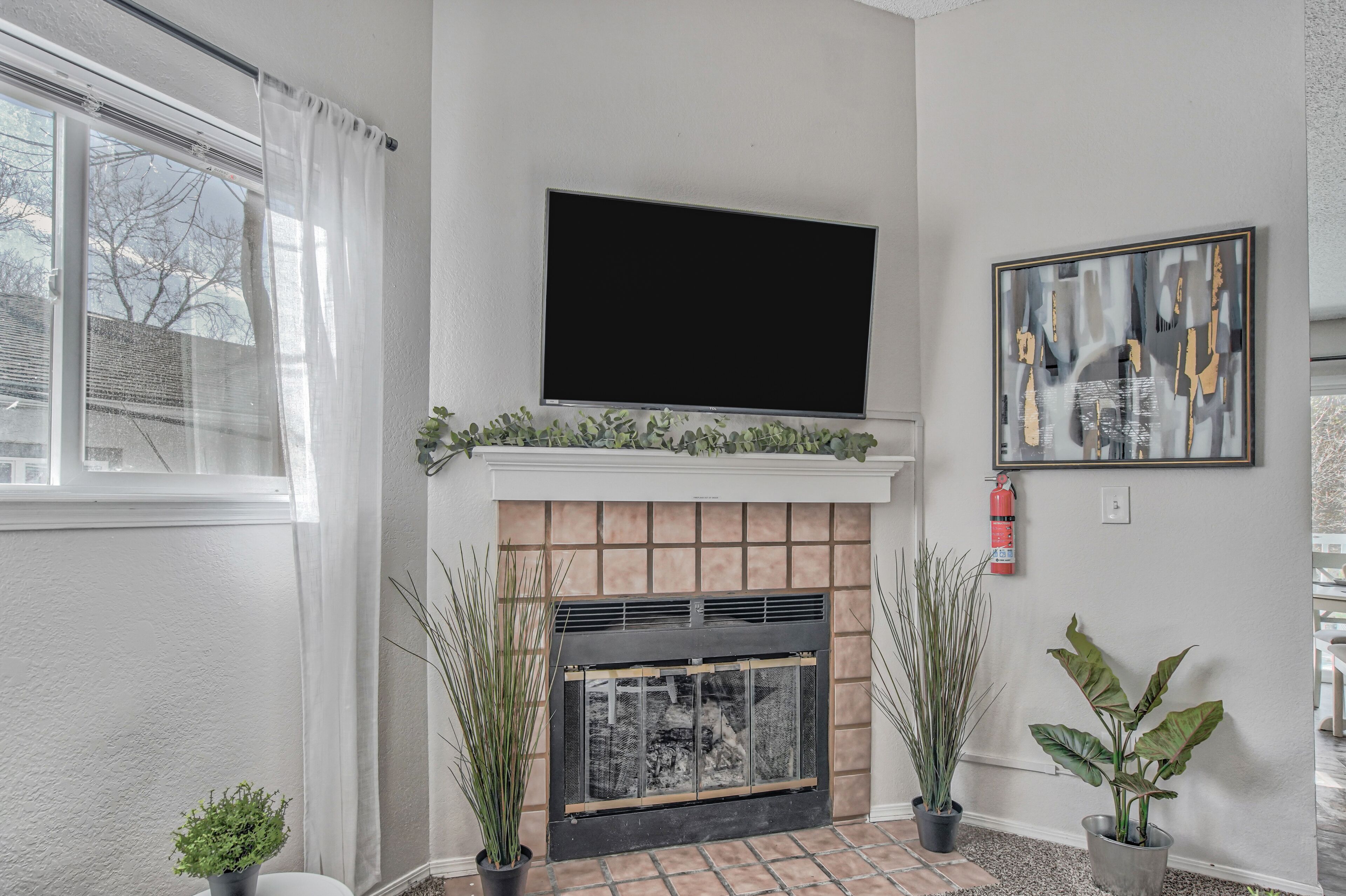 A living room with a fireplace, a mounted TV, and two potted plants.